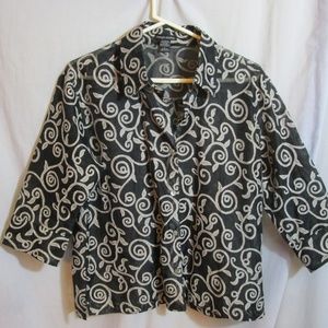 Black White Sheer Jacket Top 3/4 Slv Large
